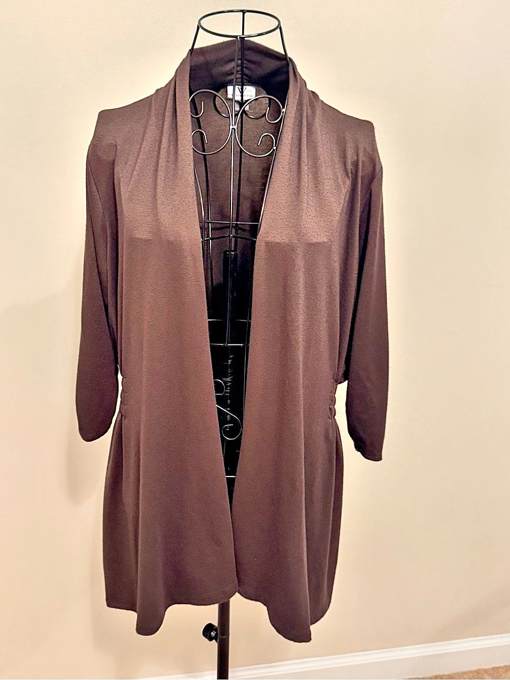 Worthington Brown Open Front Cardigan Ruched 3/4 Sleeve Knit Stretch Size L